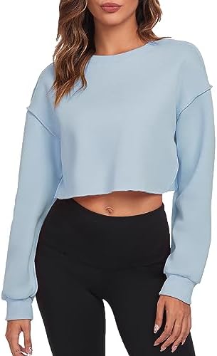 FKEEP Cropped Sweatshirts for Women Long Sleeves Crewneck Pullover Crop Tops Oversized Fit Blue