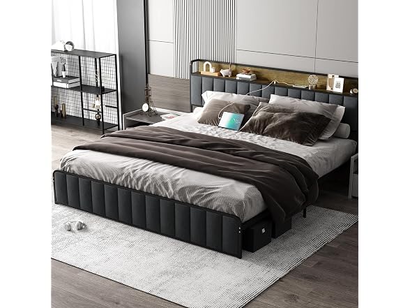 GAOMON King Bed, Storage Headboard, Grey
