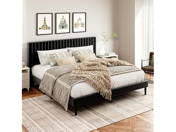 King Platform Bed, Velvet Headboard