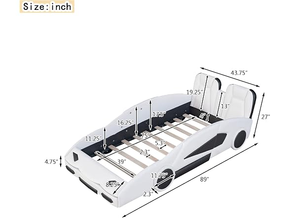FridayParts Twin Race Car Bed, White