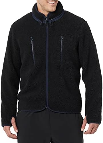 Amazon Essentials Men's Teddy Fleece Full-Zip Mock Neck Jacket with Chest Pockets, Black, Medium