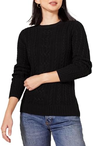 Amazon Essentials Women's Soft Fisherman Cable Long-Sleeve Crewneck Sweater, Black, Medium