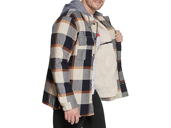 Levis Mens Plaid Sherpa Hooded Shirt Jacket