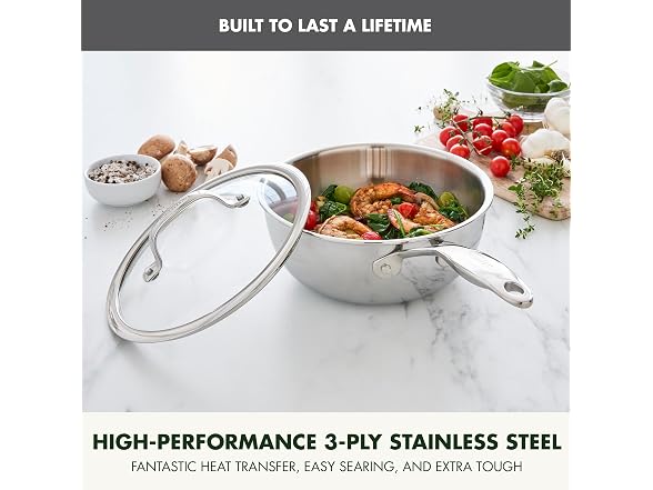 GreenPan Valencia Pro Tri-Ply Stainless Steel 2.5QT Chef's Pan with Lid