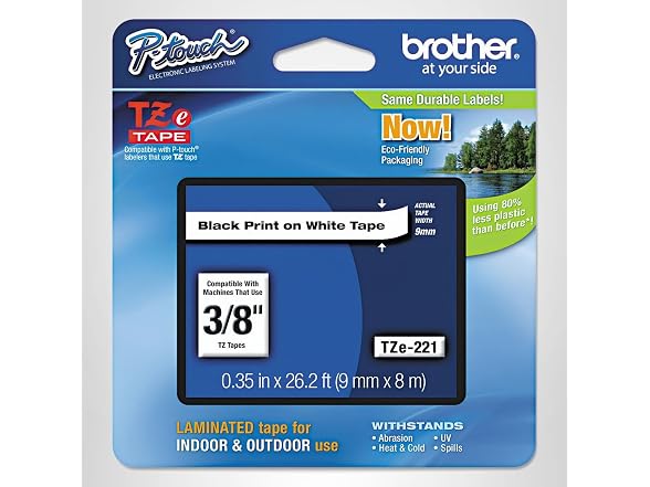 Brother(R) TZe-221 Black-On-White Tape, 0.38in. x 26.2ft., BRTTZ221