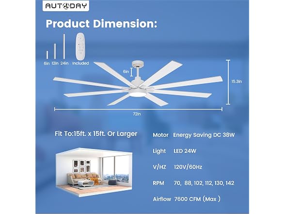 Autoday 72in Ceiling Fan Lights Remote