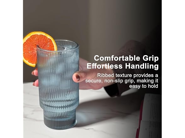 LUMINELLE Ribbed Drinking Glasses -15 oz Glass Set Of 4