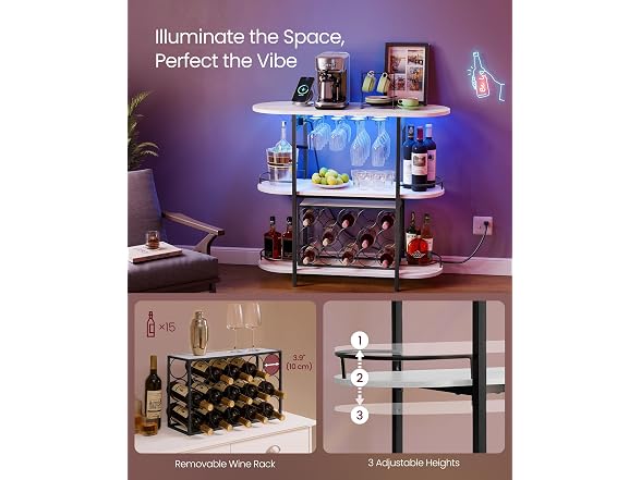 VASAGLE Bar Cabinets for Home, LED Coffee Bar, Rustic White