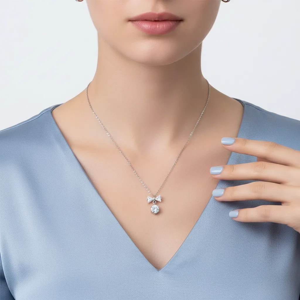 Moissanite Diamond Bow & Round Necklace - Gallery 7