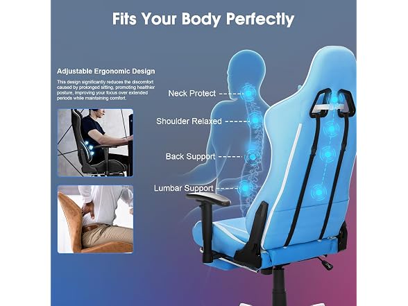 Massage Gaming Chair w/ Footrest, Blue
