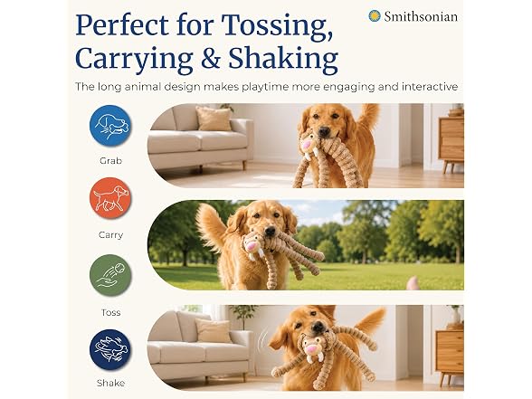 Smithsonian Long Animals Dog Toy, Stuffing-Free Tiger