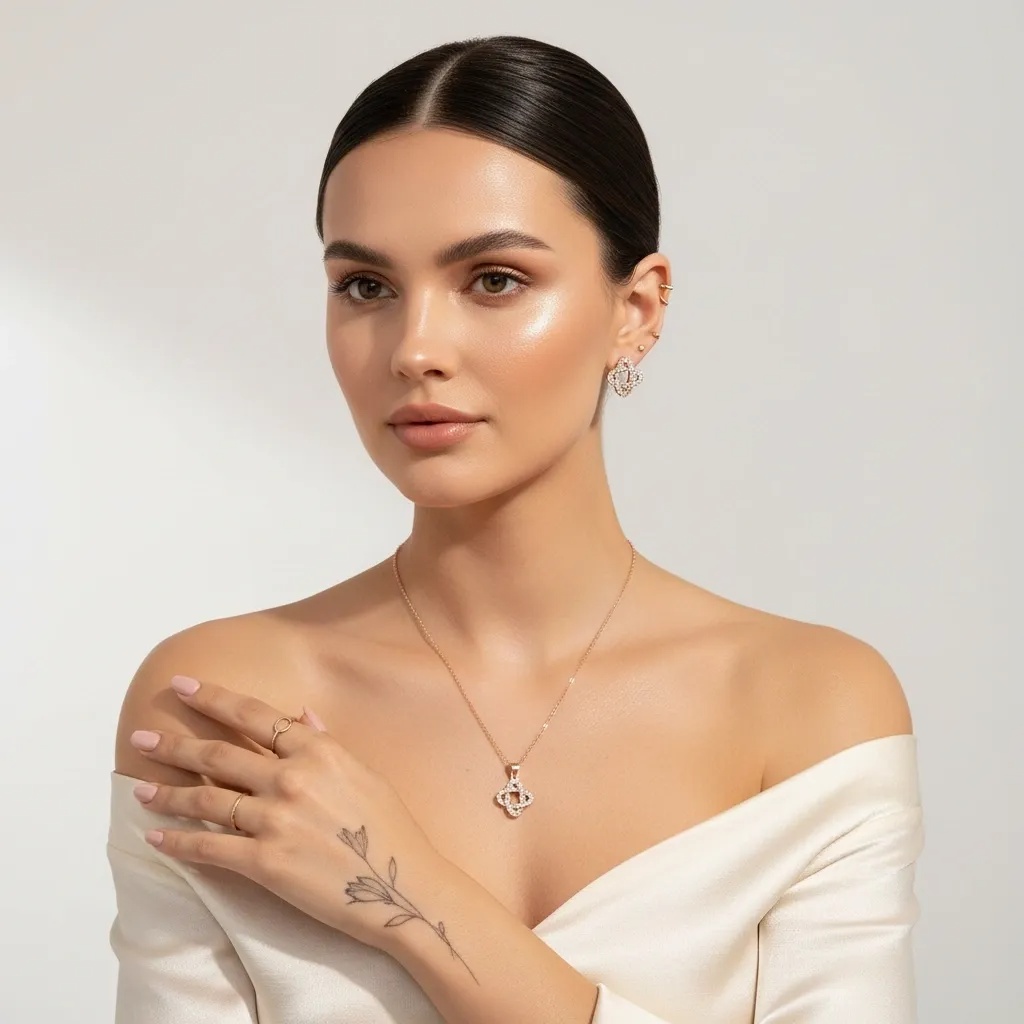 Clover CZ Necklace & Earring Set - Gallery 7
