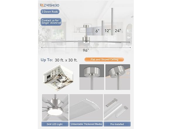 ZMISHIBO 96" Aluminum Ceiling Fan with Lights