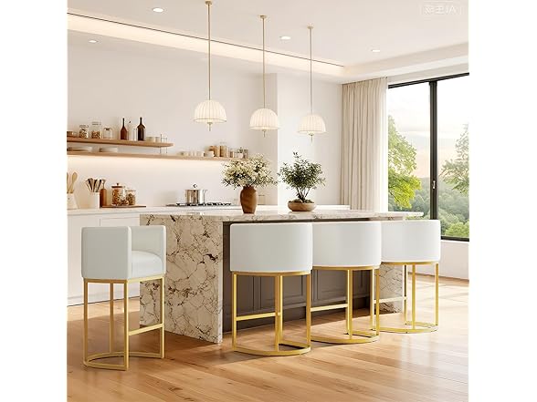 LVHOMLAX Modern Counter Height Bar Stools,Bar Stools Set of 3,Faux Leather Upholstered Barrel Barstools with Backs,26'' Kitchen Island Chairs,Gold Metal Frames,Beige White Leather (Open Box)