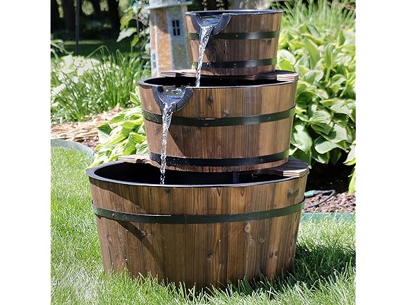 Sunnydaze 3-Tier Wood Barrel Water Fountain
