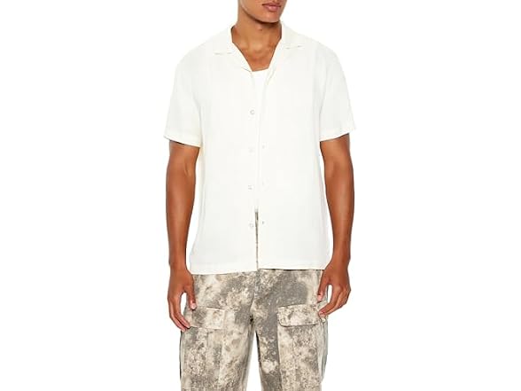 Forever 21 Men (M) Rayon Cuban-Collar Shirt White