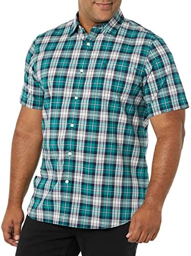 Amazon Essentials Men's Slim-Fit Short-Sleeve Poplin Shirt, Teal Blue White Plaid, X-Large