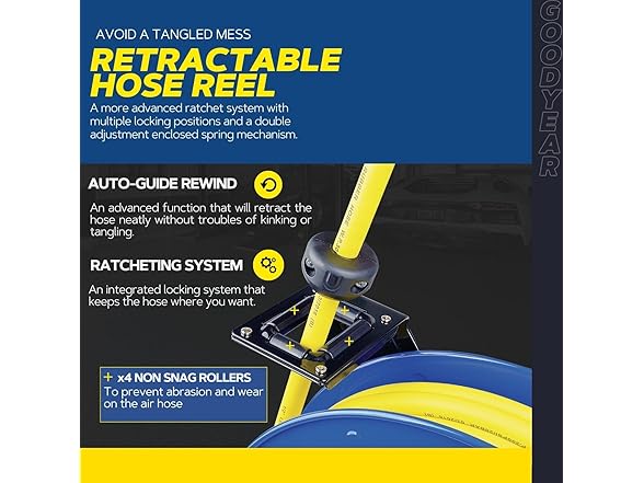 Goodyear Air Hose Reel Retractable 1/2" Inch x 65'