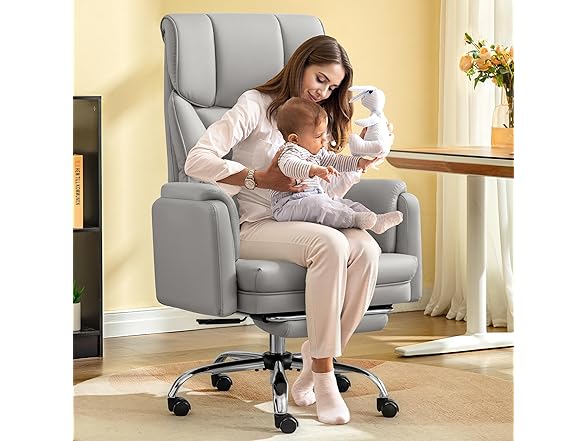 Big and Tall Office Chair, 400LBS Wide Leather Gaming Chair, High Back Executive Chair, Reversible Armrest for Pets 135° Reclining Cross Legged Desk Chair with Lumbar Support Footrest(Silver Gray) (Open Box)