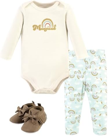 Hudson Baby Unisex Baby Cotton Bodysuit, Pant and Shoe Set, Magical Rainbow Long Sleeve, 9-12 Months