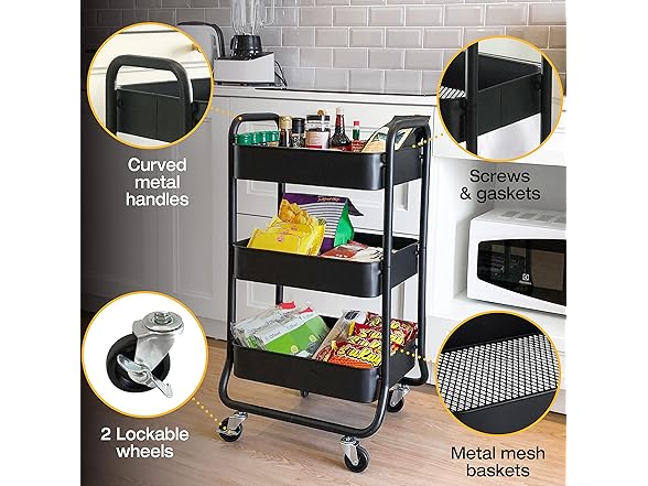 HOMESTEAD 3-Tier Rolling Cart - Heavy Duty, Black
