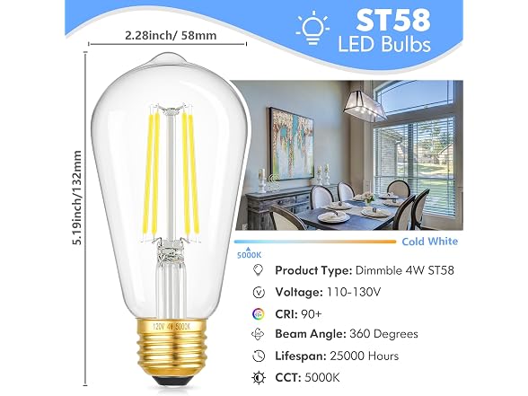 Kondras B0CHW8QMXN ST58 Vintage LED Bulbs 4-Pack