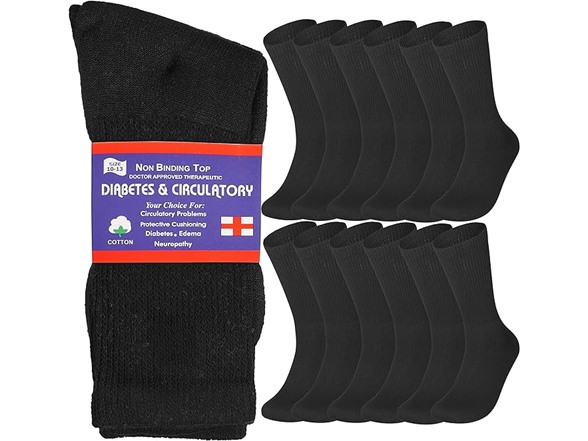 Cotton Non-Binding Diabetic Crew Socks {12-Pairs}