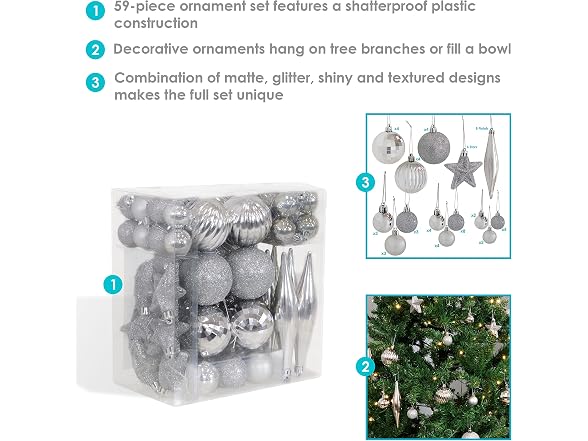 Sunnydaze Decor SME-055 59pc Silver Xmas Ornaments Sil