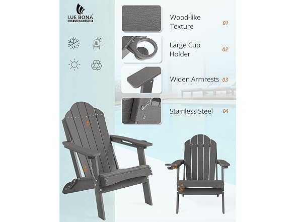 LUE BONA Set of 2 Dark Grey Adirondack Chairs