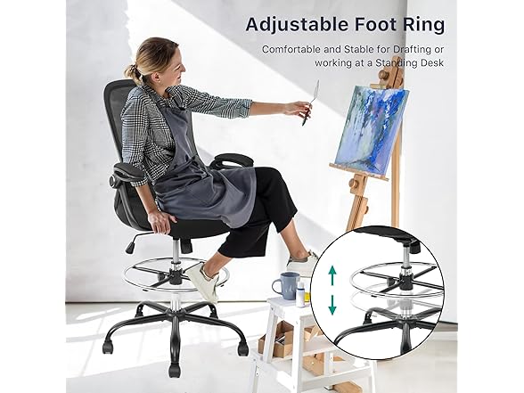 HYLONE Drafting Chair Tall Office Chair High-Back Mesh Standing Desk Stool with Adjustable Footrest Ring and Flip-Up Arms Black (Open Box)