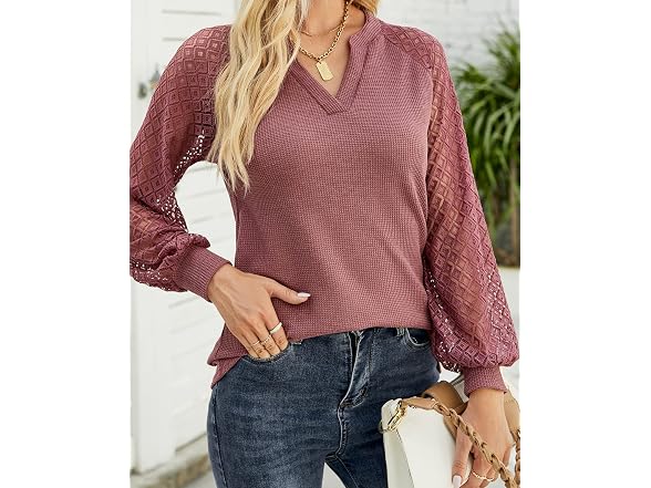 Welinco Women (L) Long Sleeve Waffle Tops T Shirts