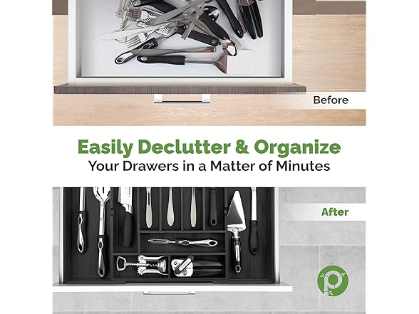 Expandable Kitchen Drawer Organizer up to 25 Inches Wide, 10 Slots - Black