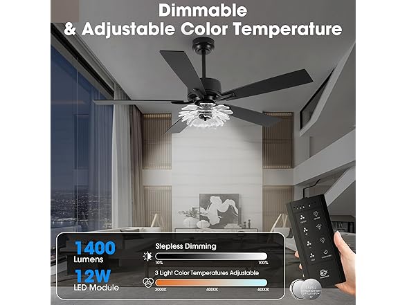 Parrot Uncle F6035BK 52 Inch Ceiling Fan with Lights and Remote