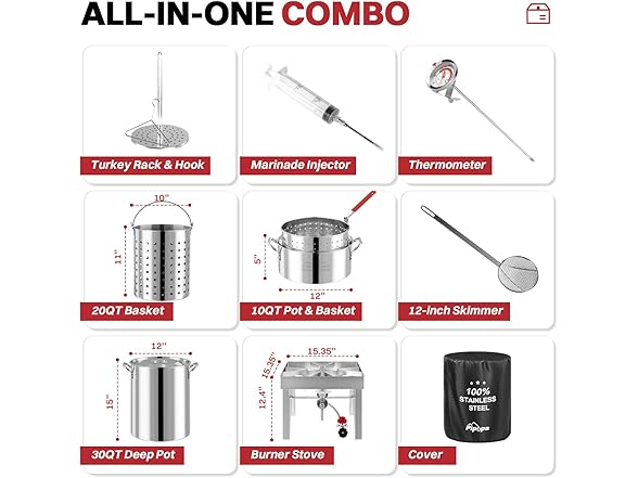30QT Turkey Fryer Kit | Stainless Steel | Cover