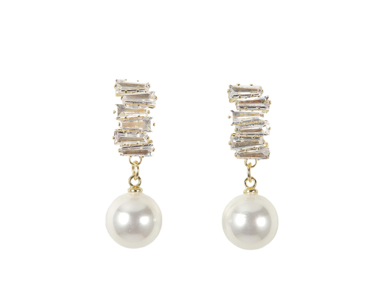 18K Gold Baguette CZ & Pearl Earrings