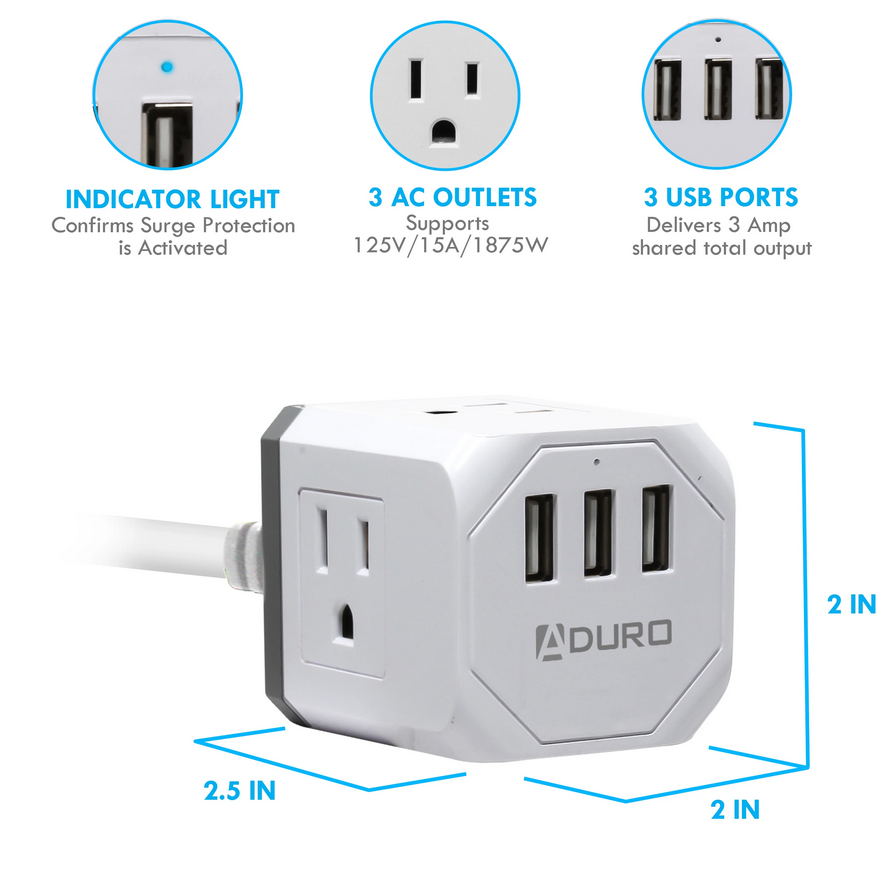 Aduro Square Power Strip - 3 AC Outlets & 3 USB Ports - Gallery 19