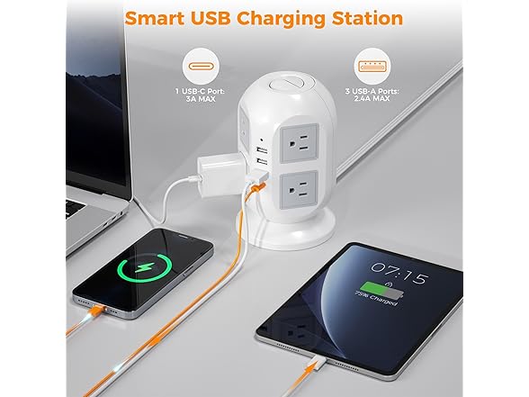 TESSAN 15ft Cord Power Tower (8 Outlets, 1 USB-C, 3 USB-A)