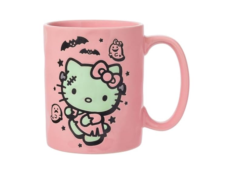 Silver Buffalo Sanrio Hello Kitty Halloween Frankenstein Wax Resist Ceramic Pottery Mug, 17 Ounces