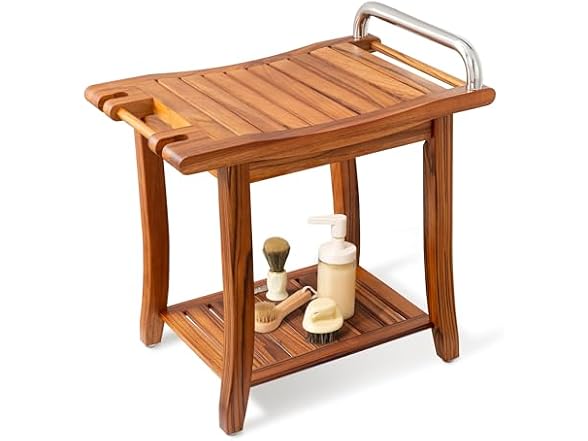 Teak Shower Bench with Shelf & Handles