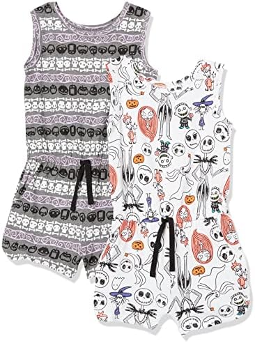 Amazon Essentials Disney | Marvel | Star Wars | Frozen | Princess Girls' Knit Sleeveless Rompers, Pack of 2, Grey White Doodles, Medium