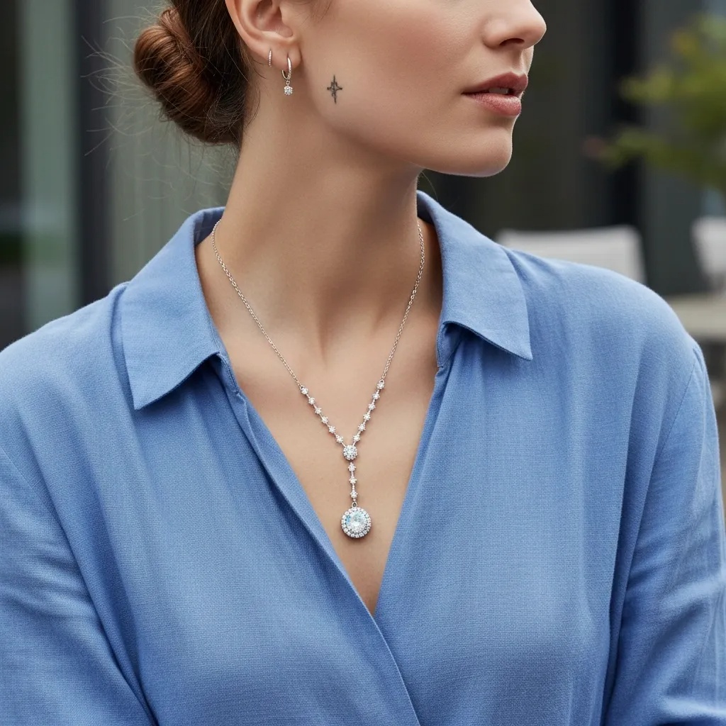 Moissanite Rainbow Halo Necklace - Gallery 6
