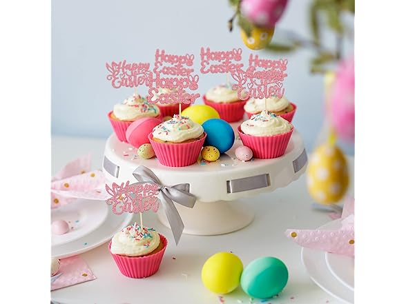 Gyufise 24Pcs Pink Glitter Easter Topper
