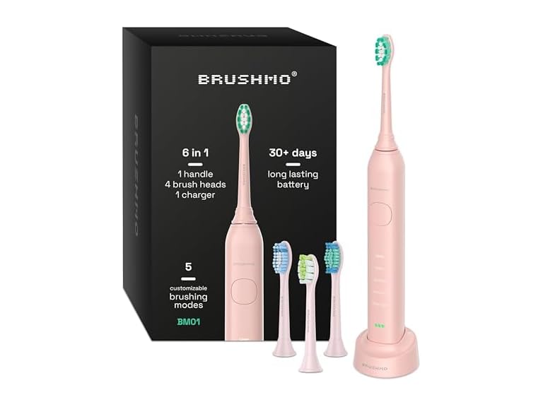 Brushmo Super Sonic Electric Toothbrush with 4 Replacement Heads - Rechargeable Electronic Tooth Brush for Adults with 5 Customizable Modes - IPX7 Waterproof & Long-Lasting Battery – Nova Pink