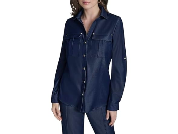 Halston Women (XS) Roll-tab Sleeve Denim-like Top