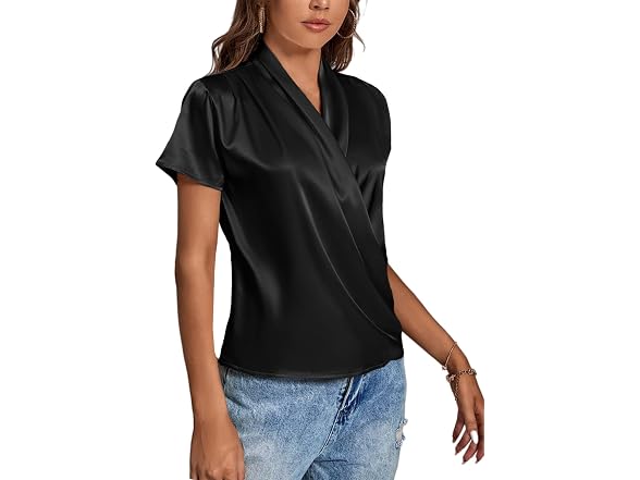 Lyaner Women (XL) Satin Silk Wrap V Neck Short Top