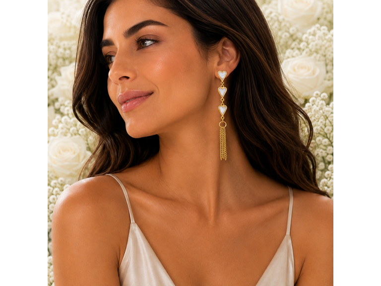 18K Gold Pearl Heart Tassel Earrings