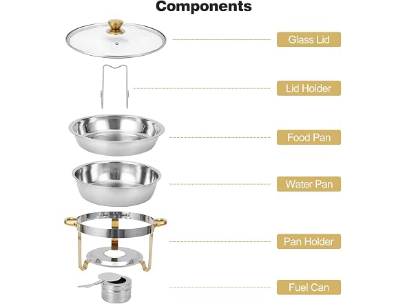 Set of 2 Gold 5QT Stainless Steel Round Chafing Dishes 