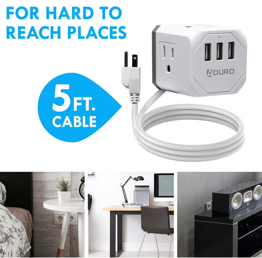 Aduro Square Power Strip - 3 AC Outlets & 3 USB Ports - Gallery 22