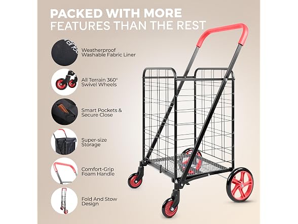 SereneLife Folding Shopping Cart Red