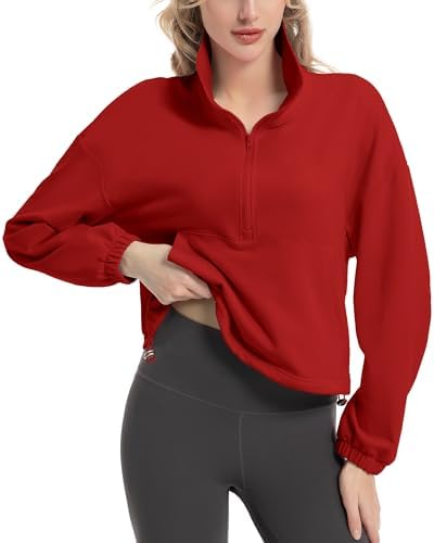 FKEEP Quarter Zip Pullover Women Cropped Sweatshirt Long Sleeve Crop Top Stand Collar Drawstring Casual Pullover zRed L